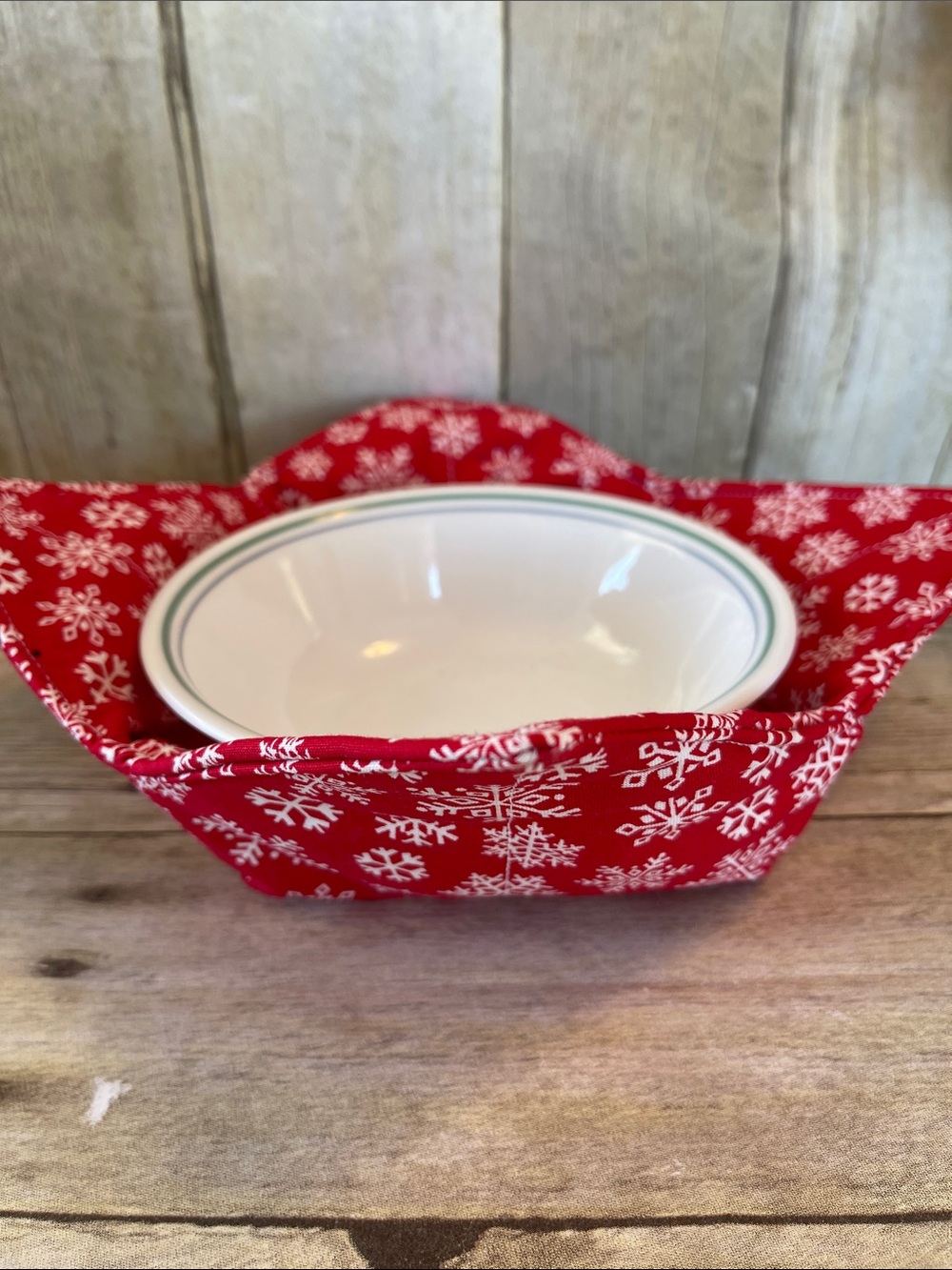 Microwave Bowl Cozy Red & White Snowflakes Christmas Reversible Gift Basket